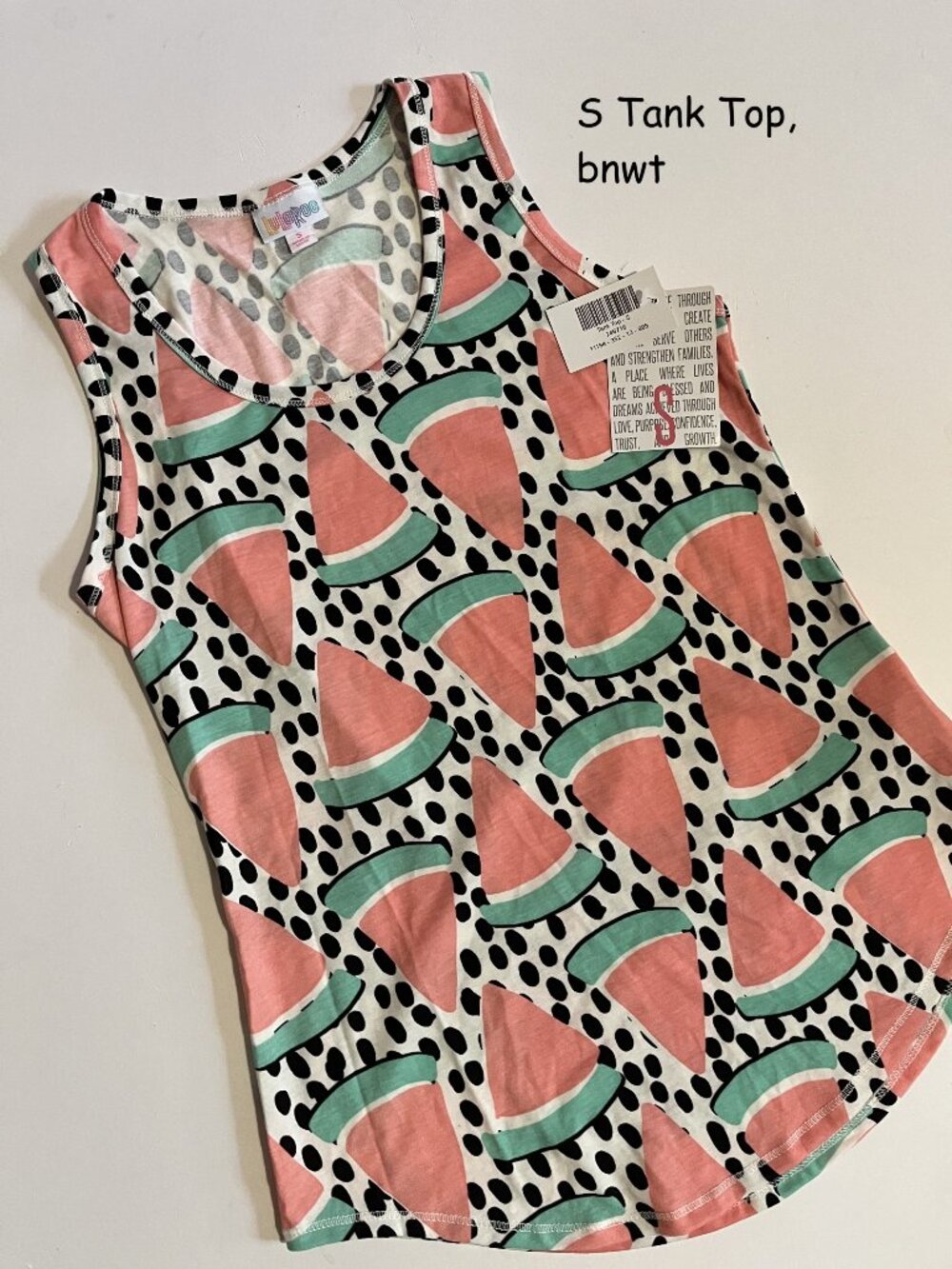 Small Lularoe Tank Top, white with black dots, watermelon